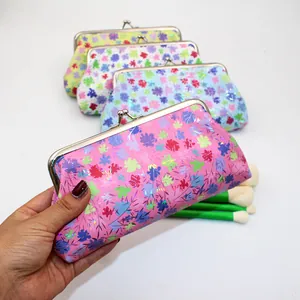 Portamonete Floreale in Pelle PU Vintage da Donna Con Chiusura a Scatto Mini Pochette Piccola Borsa Laser a Foglia