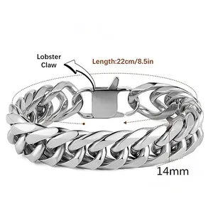 Polished 14mm thick stainless steel punk curb chain bracelet with lobster claw clasp