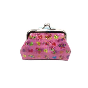 Pink sequin mini coin purse with rainbow heart patterns and silver metal clasp closure