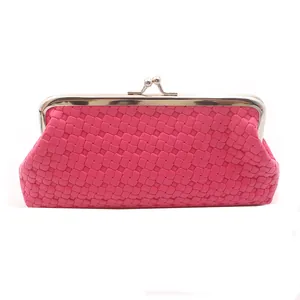 Roze geweven PU-lederen clutch tas met vintage zilveren metalen kiss-lock sluiting