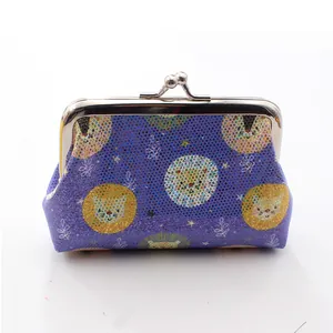 Detail of laser PU coin purse featuring purple cartoon lion patterns and metal clasp