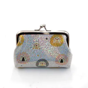 Detail of laser PU coin purse featuring metallic kiss lock and cartoon lion pattern