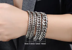 Detailed width comparison of 8mm to 14mm stainless steel Cuban bracelets for men