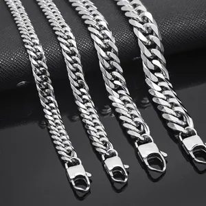 Polished stainless steel Cuban link chains in four widths with lobster clasps on black leather