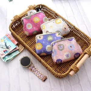 Set of four 4-inch glitter PU coin purses with cartoon lion prints and retro metal clasps