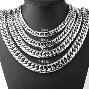 Close-up of punk style Cuban chain necklaces in 8mm, 10mm, 12mm and 14mm widths
