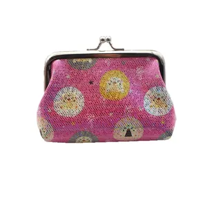 Glittery pink 4-inch mini coin purse with cartoon lion patterns and metal kiss-lock clasp