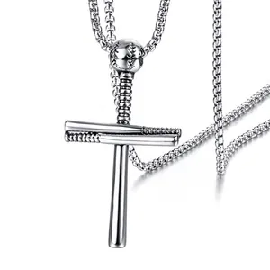 Men's stainless steel baseball cross necklace with bat pendant on silver chain