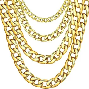 Golden titanium steel Cuban curb chain necklaces in four sizes for a layered jewelry look