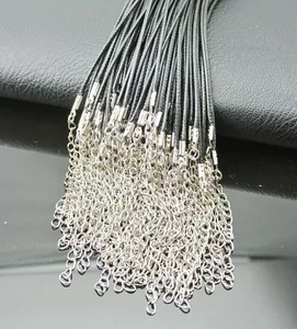 Cordones negros encerados para collar con cierres de langosta plateados y cadena de extensión