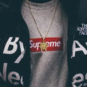 Streetwear style gold stainless steel Egyptian Pharaoh pendant necklace on a model