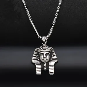 Polished silver Egyptian Pharaoh Tutankhamun pendant necklace with a sleek square box chain