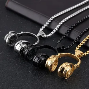 Rock music headphone pendant necklaces in gold, silver, and black polished steel finishes