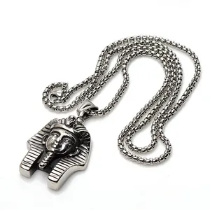 Close-up of Egyptian Pharaoh Tutankhamun pendant with detailed box chain texture