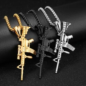 Hip hop stainless steel rifle pendant necklace set in gold, black, and silver finishes