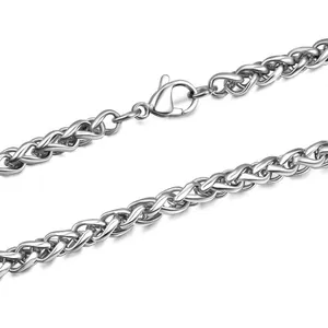 Detail of silver titanium steel Spiga wheat chain with a secure lobster clasp