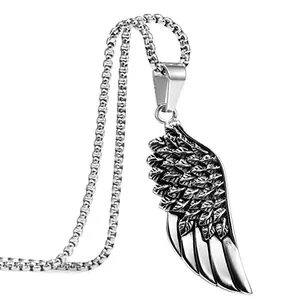 Retro stainless steel hip hop necklace with detailed angel wing pendant on box chain