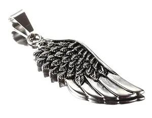 Macro detail of silver wing pendant showing intricate feather texture and retro steel finish