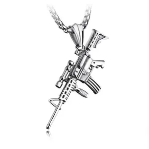 Silver stainless steel rifle pendant necklace with detailed AR-15 assault rifle design