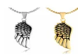 Detail view of hip hop hollow wing pendants in polished gold and silver finish