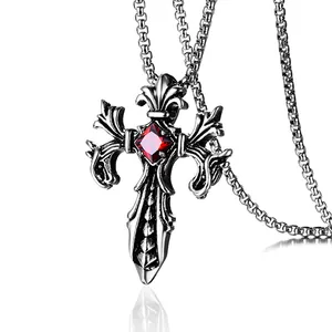 Gothic Double Dragon Cross Pendant Necklace With Red Black Square Zirconia Stone Vintage Alloy Jewelry For Men Women Gift