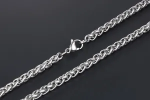 Close-up of polished titanium steel wheat chain with a secure lobster clasp