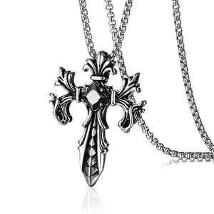 Vintage gothic cross pendant necklace for men with red ruby inlay and box chain