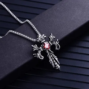 Gothic dragon cross necklace in vintage titanium steel with a square red ruby pendant