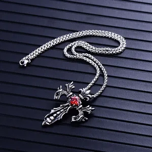 Gothic dragon cross necklace with red ruby stone center in vintage silver stainless steel