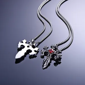 Retro stainless steel double dragon cross necklace with a square red ruby pendant