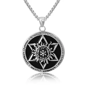 Vintage Stainless Steel Hexagram Pendant Necklace Mystical Sun Motif Rune Charm Gothic Punk Jewelry For Unisex Daily Wear