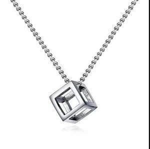 Minimalist 3D hollow cube pendant necklace in polished titanium steel for men