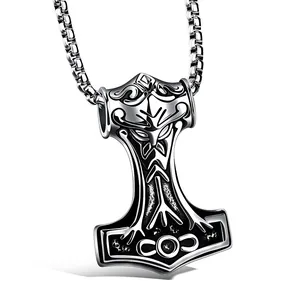 Nordic Mjolnir pendant necklace in vintage silver steel with intricate engravings and box chain