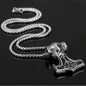 Polished stainless steel Mjölnir hammer pendant necklace for men with Nordic engravings