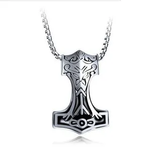 Polished silver Thor's hammer Mjolnir pendant with Viking engravings and box chain