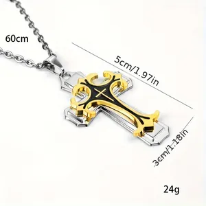 Pendentif croix double couche or et noir sur chaîne en acier avec dimensions