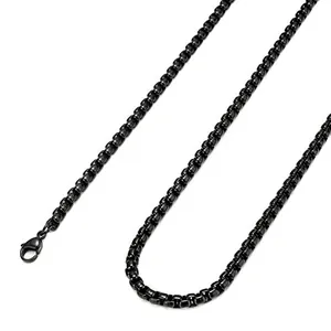 Detail view of black 3mm stainless steel box chain necklace with secure lobster clasp