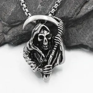 Gothic Sensenmann Anhänger Halskette Edelstahl Retro Punk Skelett Sense Charm Veneziakette Herren Damen Halloween Geschenk