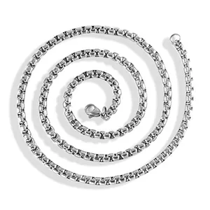 Detailed view of silver stainless steel box chain with a secure lobster clasp
