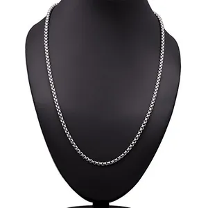 Close-up of a 3mm silver stainless steel box chain necklace on a black bust display