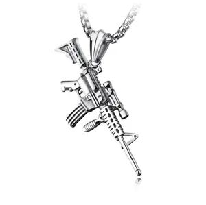 Hypoallergenic stainless steel rifle pendant with box chain in a polished silver finish
