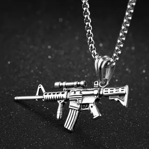 Retro stainless steel AK47 assault rifle pendant necklace for men in hip hop punk style