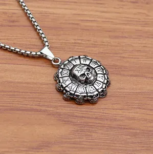 Gothic skull pendant necklace with roman numeral dial in antique silver finish