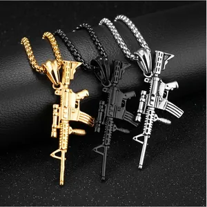 Hip hop AK47 rifle pendant necklace in gold, silver and black stainless steel finish