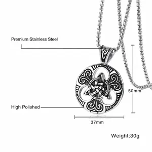 Macro detail of 37mm Celtic knot stainless steel pendant with polished finish and dimensions