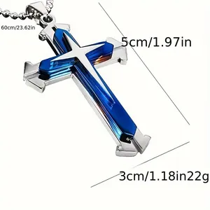 Collana a croce multistrato argento e blu con catena a sfere 60cm e misure incluse