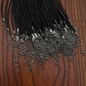 Bulk black braided wax cord necklaces with silver lobster clasps and extension chains