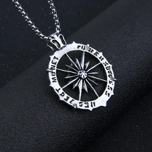 Vintage stainless steel sun pendant necklace with star compass design and cuban chain