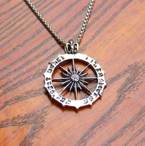 Retro stainless steel sun star compass pendant necklace with vintage silver chain