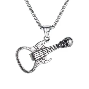 Men Vintage Punk Rock Skull Guitar Pendant Necklace With Stainless Steel Chain Functional Bottle Opener Jewelry For Music Fans Gift